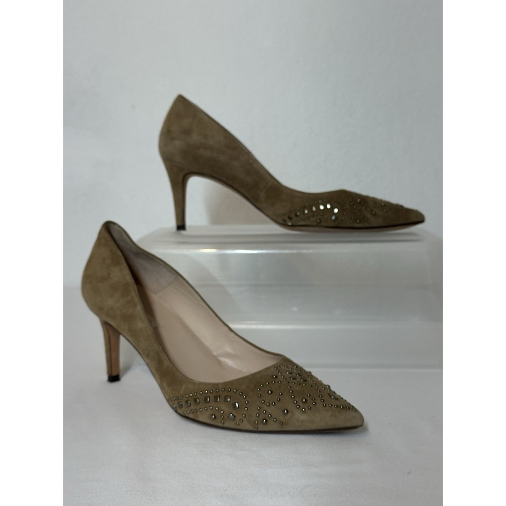 Pura Lopez Pointed Toe Beige/Brown Suede Heels Micro Stud Grommet  Soft Collecti